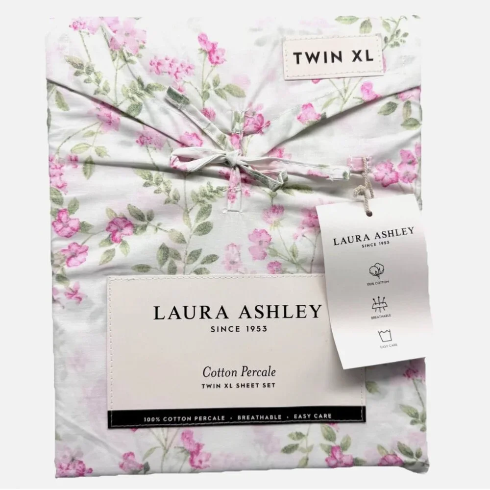 3pc Laura Ashley TWIN XL Sheet Set FAWNA Pink Rosebud Roses Floral Cottage Chic